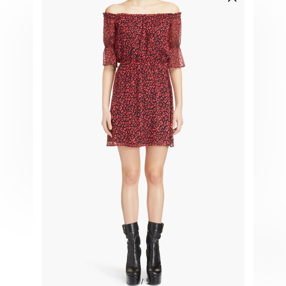 Saint Laurent Burnout Leopard Off The Shoulder Mini Dress Black Red NWT Size 38